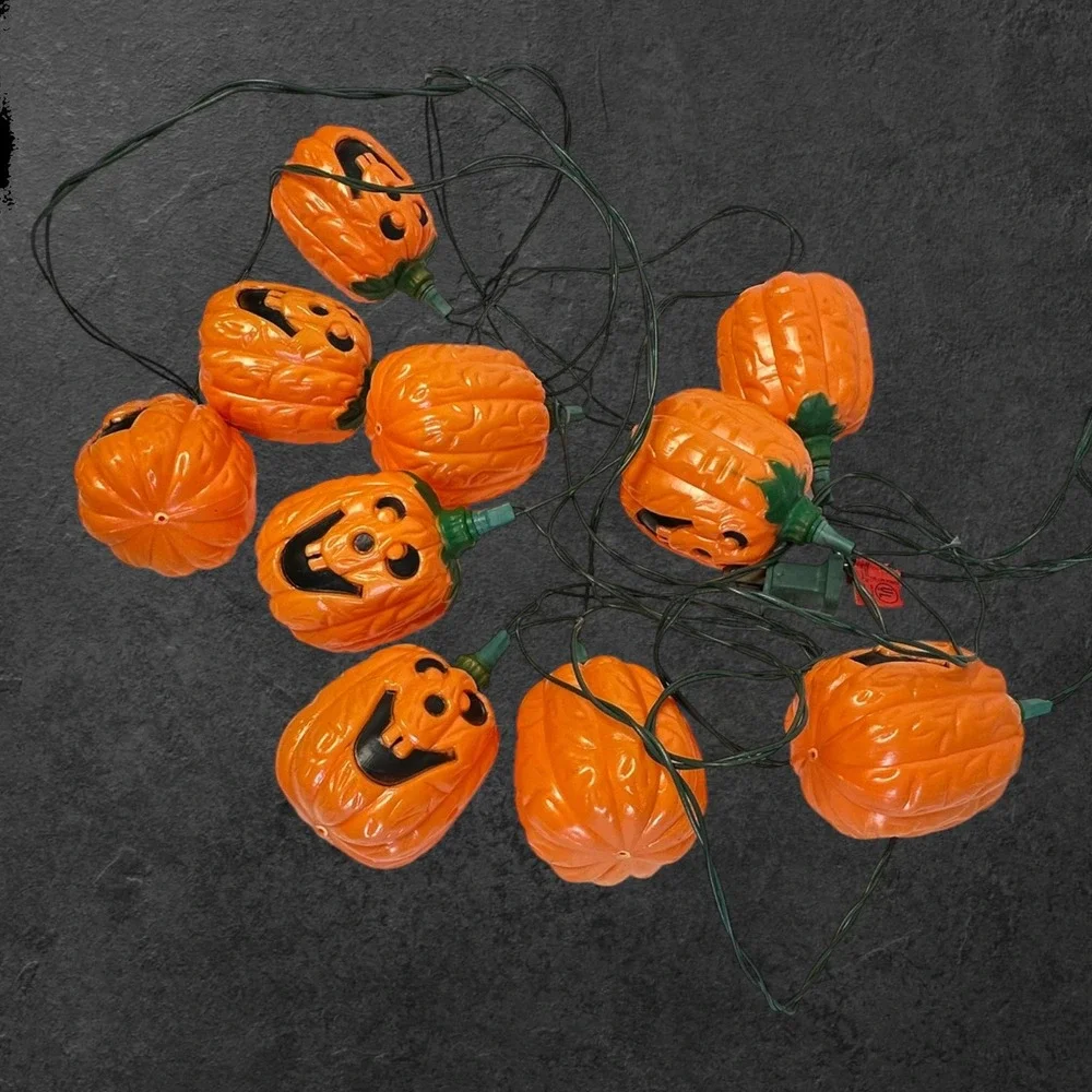 Vintage Pumpkin String Lights Halloween 14ft Orange Blow Mold Decor